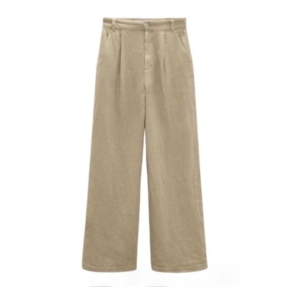 NWT Zara Relaxed Linen Wide Leg Crop Trouser Pleat Front Pant Khaki Tan Small - Picture 1 of 13